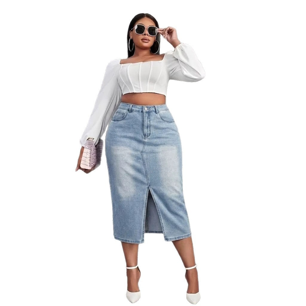 Large High Waist Front Slit Denim Retro Skirt