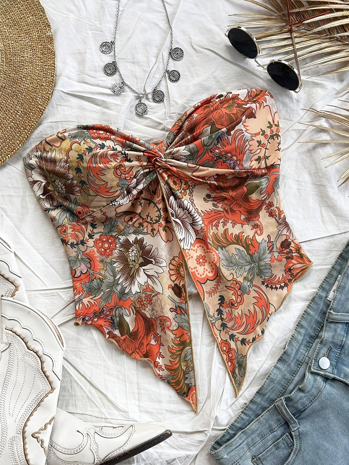 Printed Asymmetric Hem Vacation Style Wrapped Small Vest/suspenders/tube Top