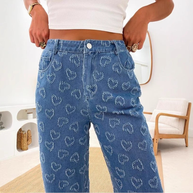 Spring Love Crocheted Washed Trousers High Waist Leisure Women's Jeans