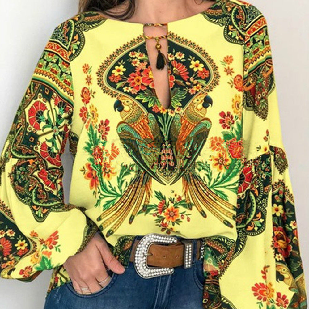 Women's Special Digital Printed Round Neck Lantern Blouse