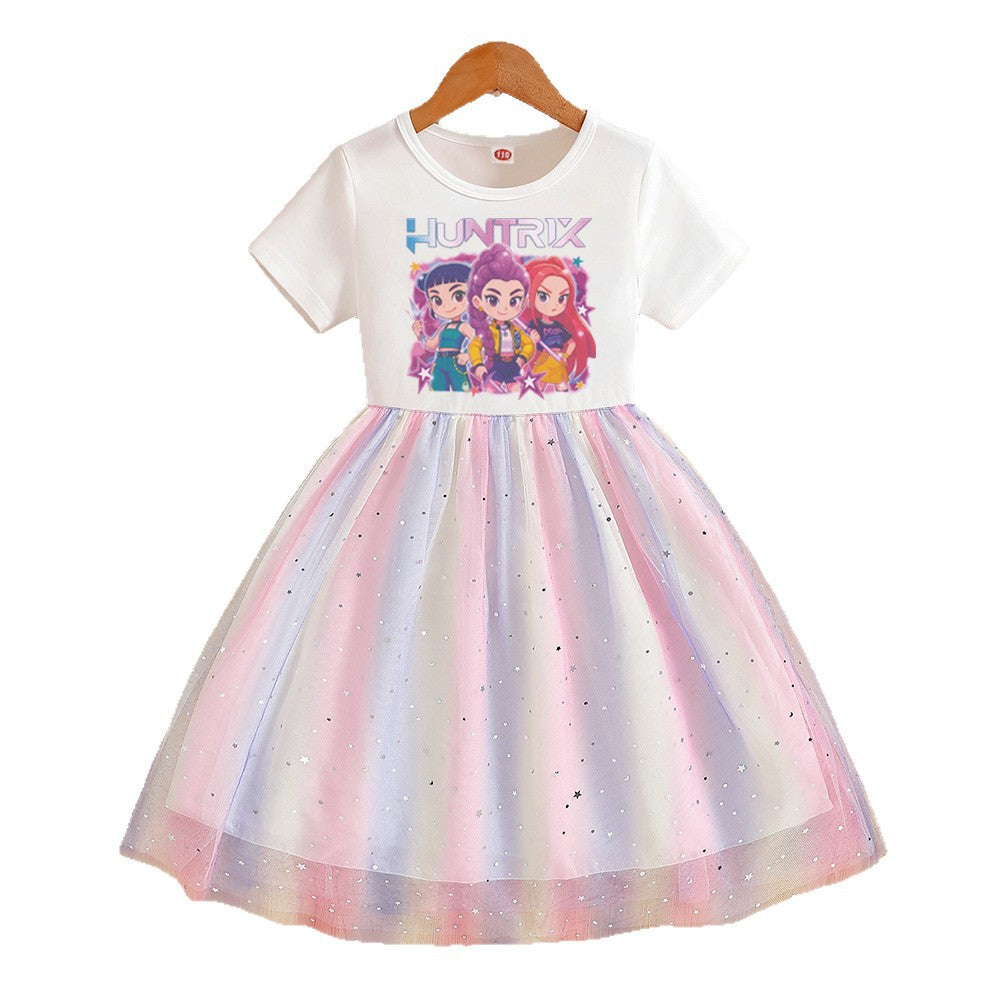 Children's Short Sleeve Clothing Gauze Rainbow Princess Skirt Children's Dress