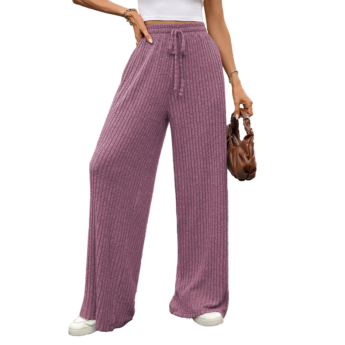 Solid Color Drawstring Sunken Stripe Brushed Elastic Casual Pants