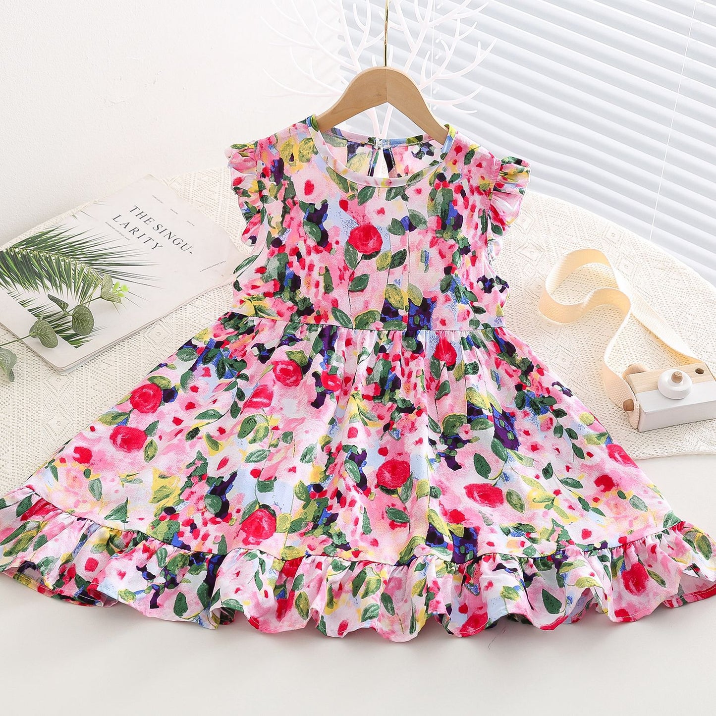 Sweet Little Flounced Sleeve Cotton Silk Summer Thin Cool Rayon Children's Dress