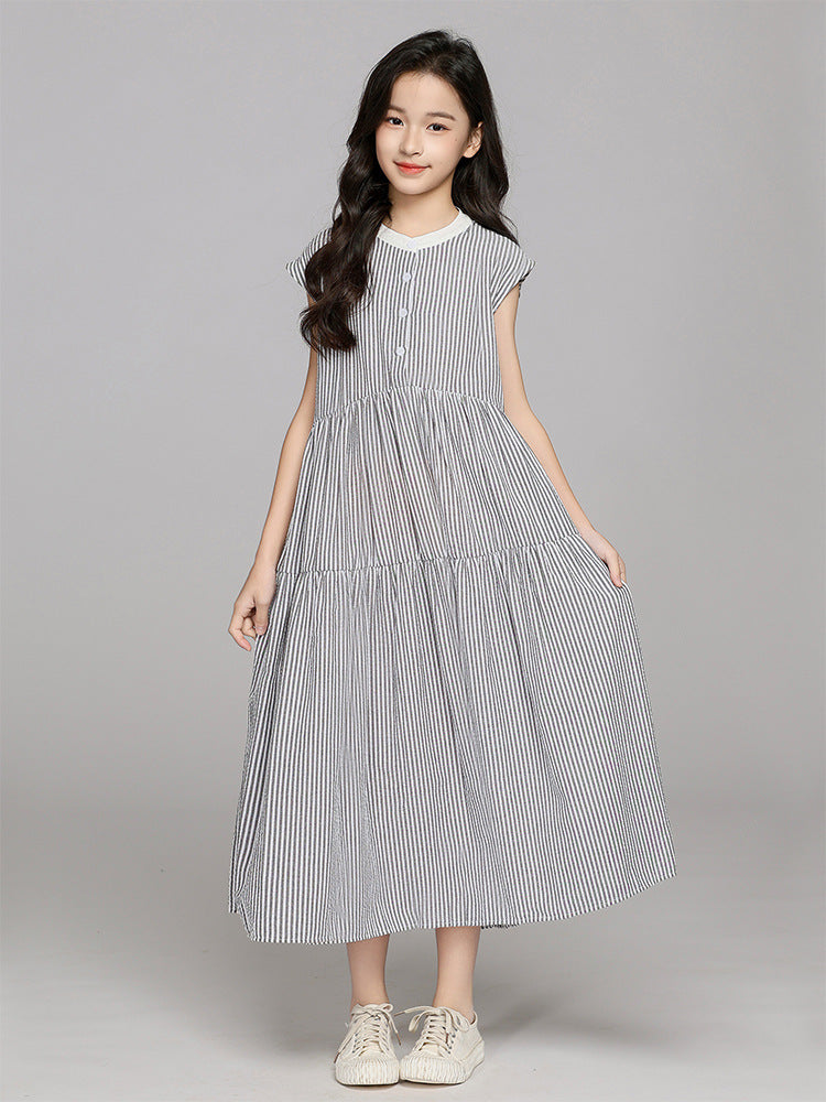 Small Teen Striped Summer Sleeveless Stand Collar Children's Dress