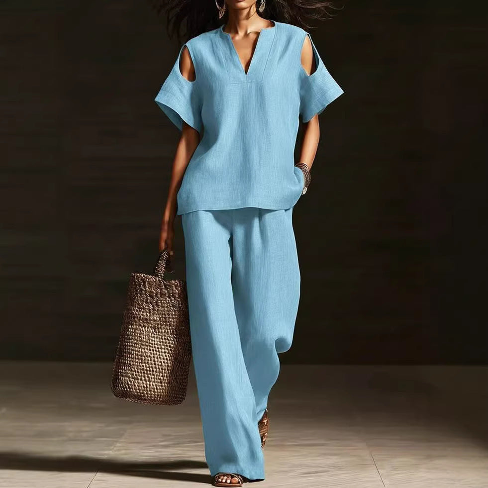 Women's Cotton Linen Solid Color Hole Fashion Casual Suit