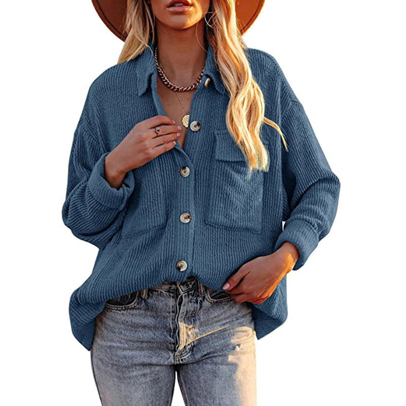 Women's Solid Color Loose Corduroy Lapel Double Pocket Long Coats