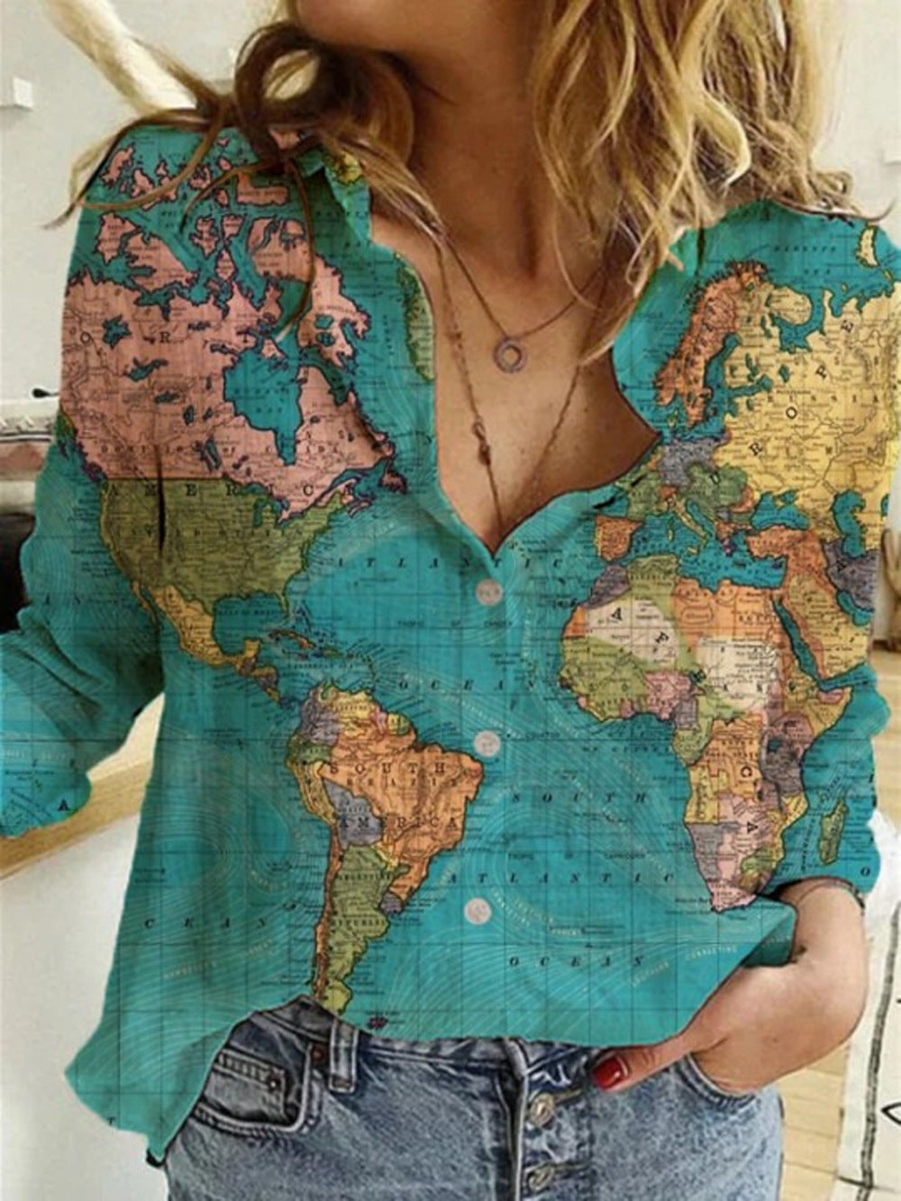 Women's Shirt Map Depicting Printed Long-sleeved Blouse