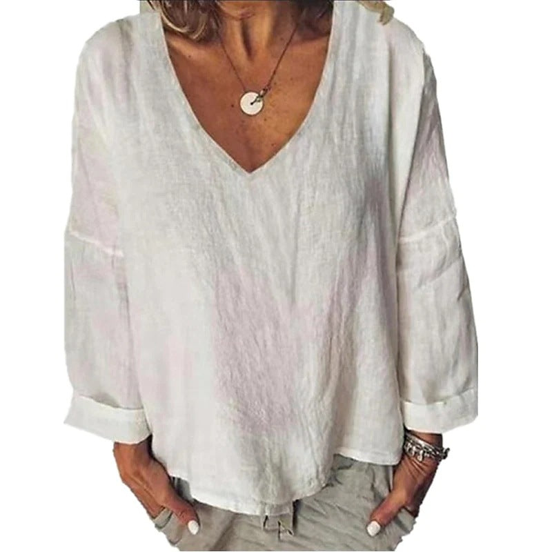 Women's Large Cotton Linen Solid Color Long-sleeved Blouse