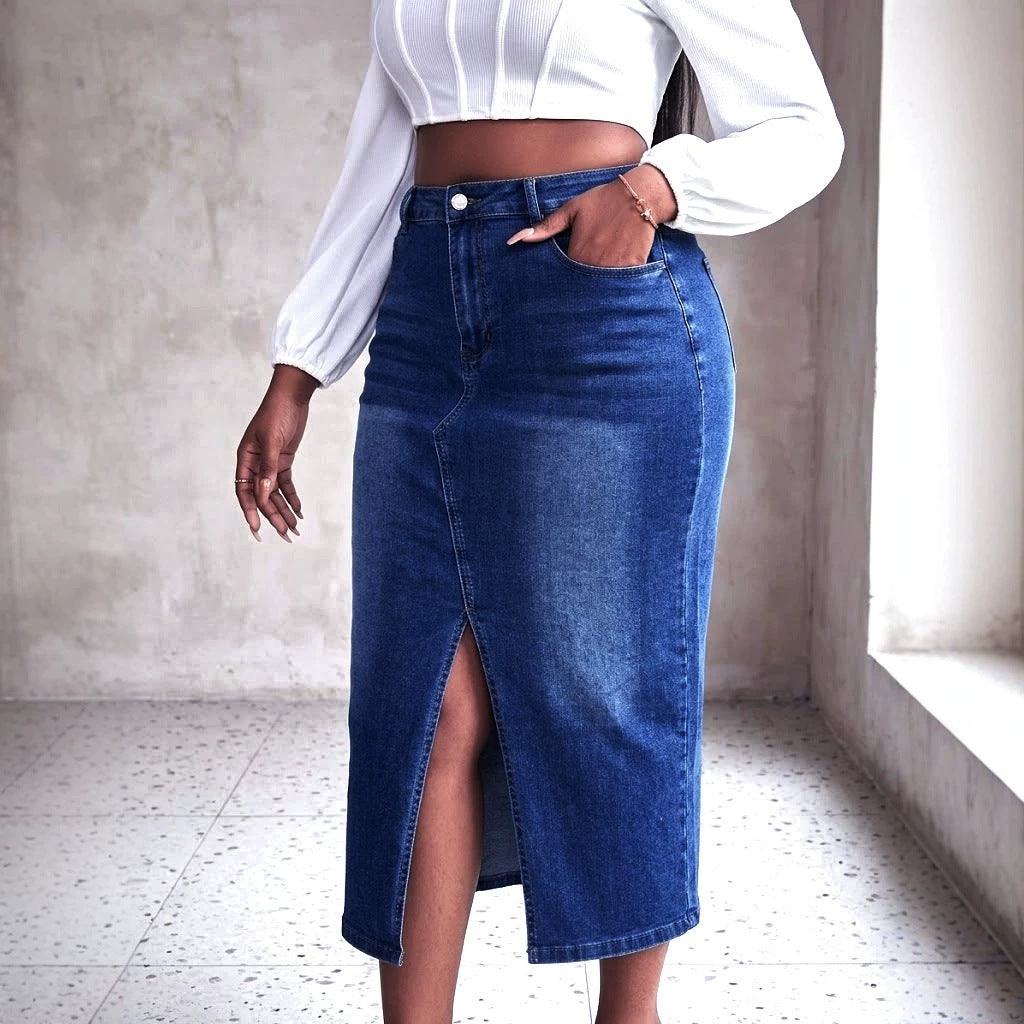 Large High Waist Front Slit Denim Retro Skirt