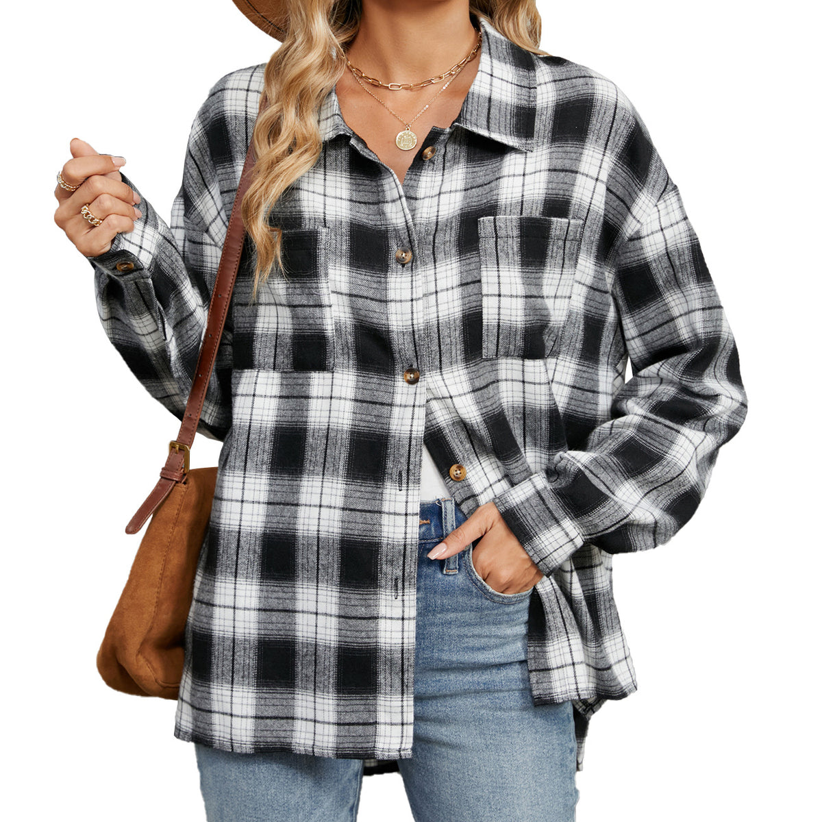 Women's Lapel Long Sleeve Pocket Button Plaid Shirt Tops