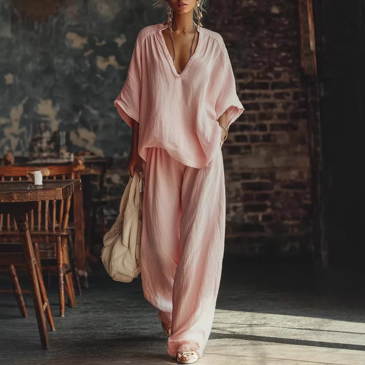 Women's Solid Color Loose Short-sleeved Trousers Two-piece Suits