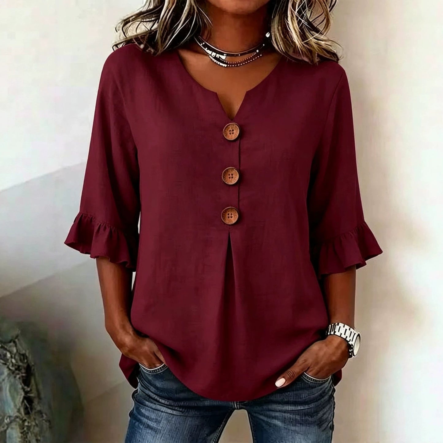 Women's Summer Buttons Ruffled Half Sleeves Loose Blouses