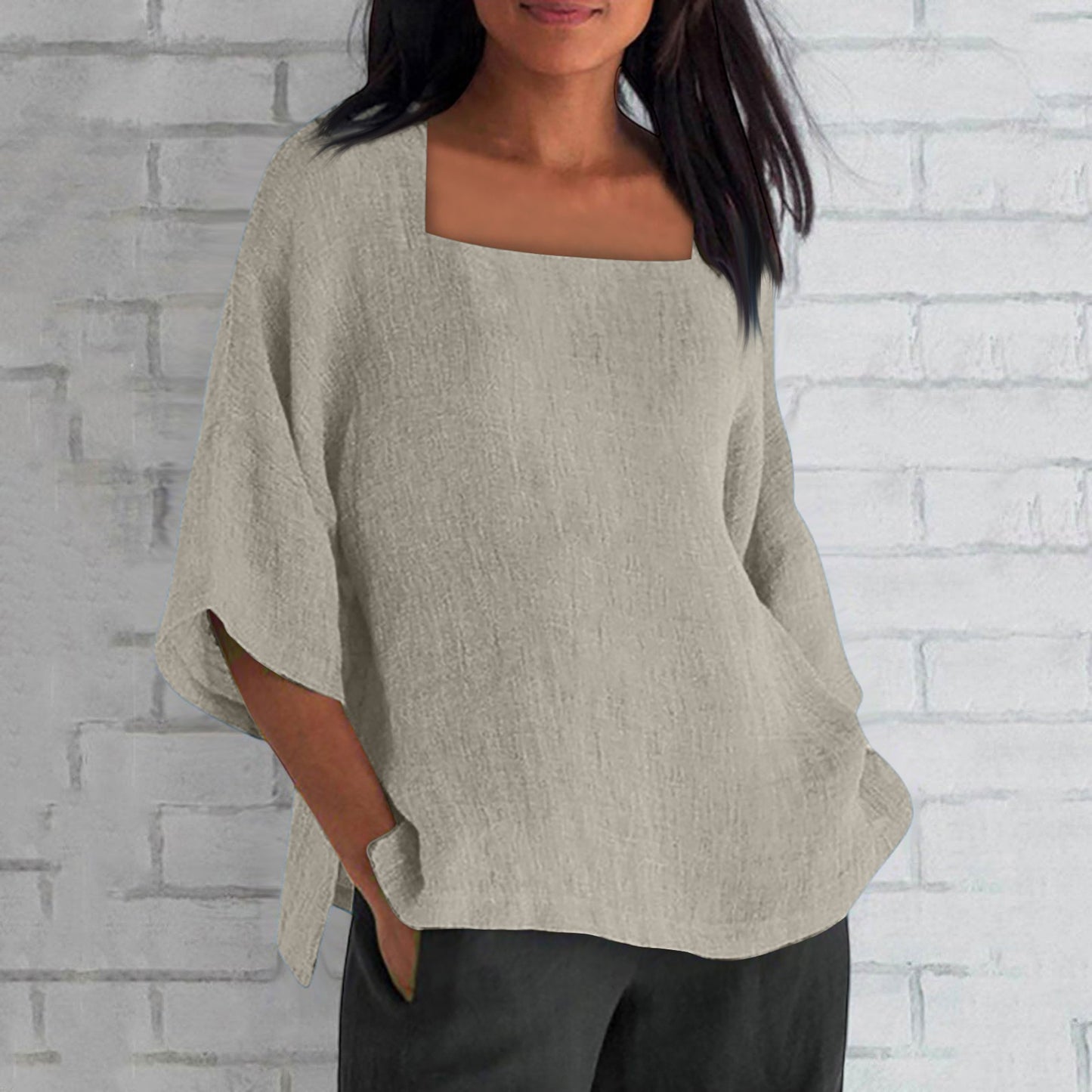 Women's Three-quarter Sleeve Square Collar Cotton Linen Blouse