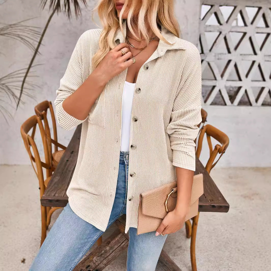Striped Contrast Color Pocket Long Sleeve Blouse
