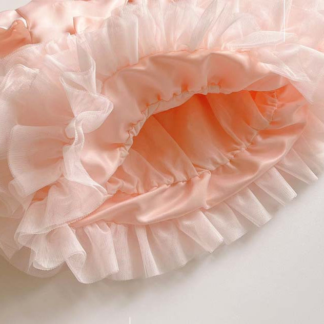 Summer Mesh Bubble Skirt Pink Large Bow Flounced Sleeve Days Children's Dress