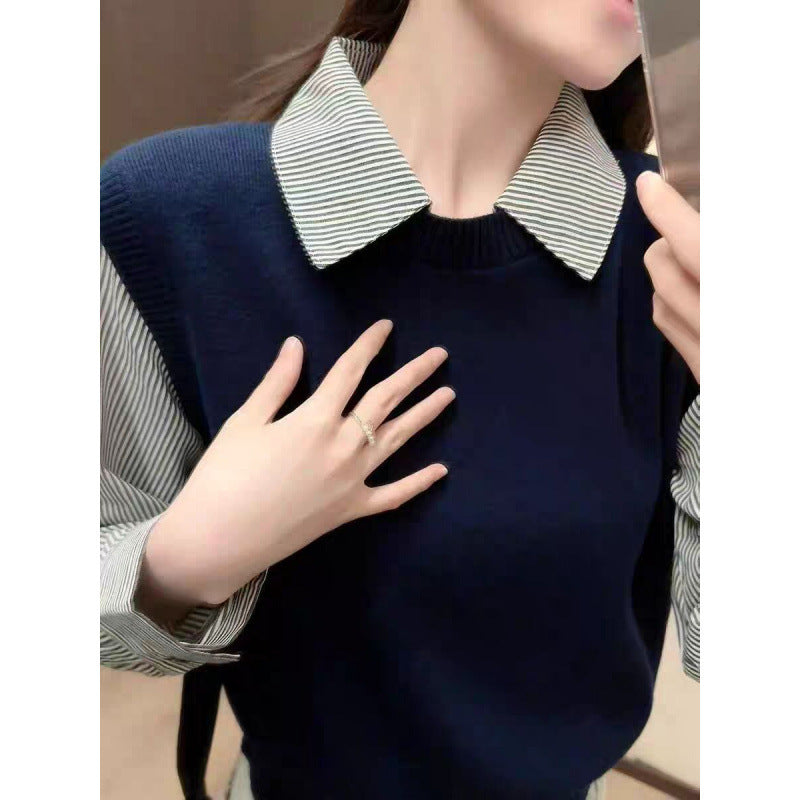 Women's Plaid Striped Shirt Early Spring Long Sleeve French Tops