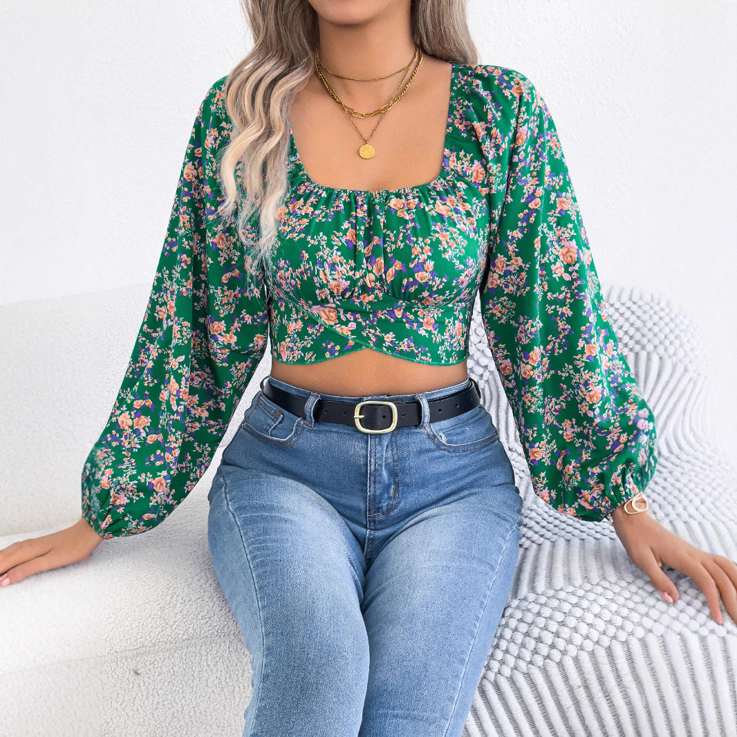 Glamorous Women's Floral Lantern Sleeve Waist Lace Shirt, Chiffon Shirt