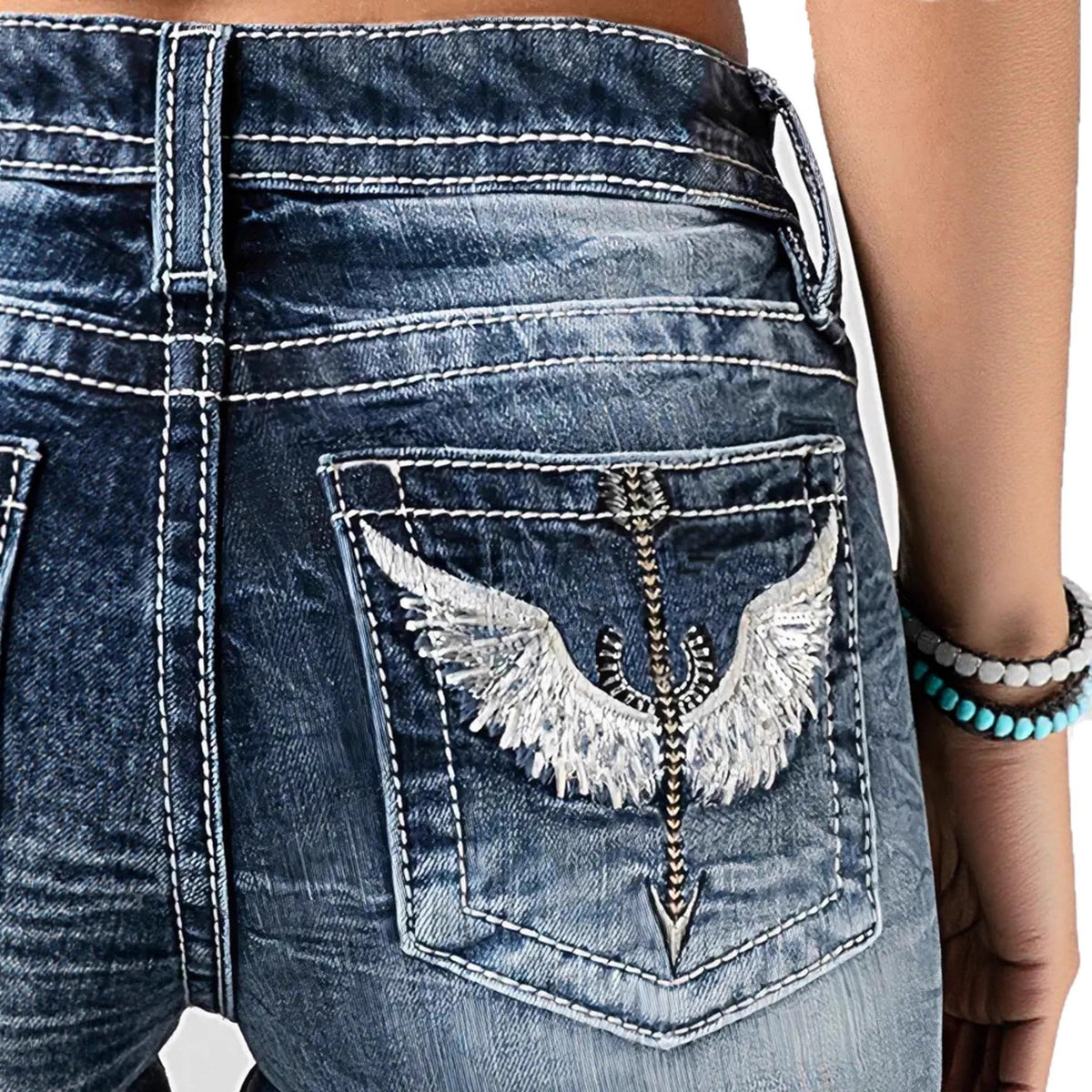 Women's Embroidered High Waist Stretch Washed Denim Women's Jeans