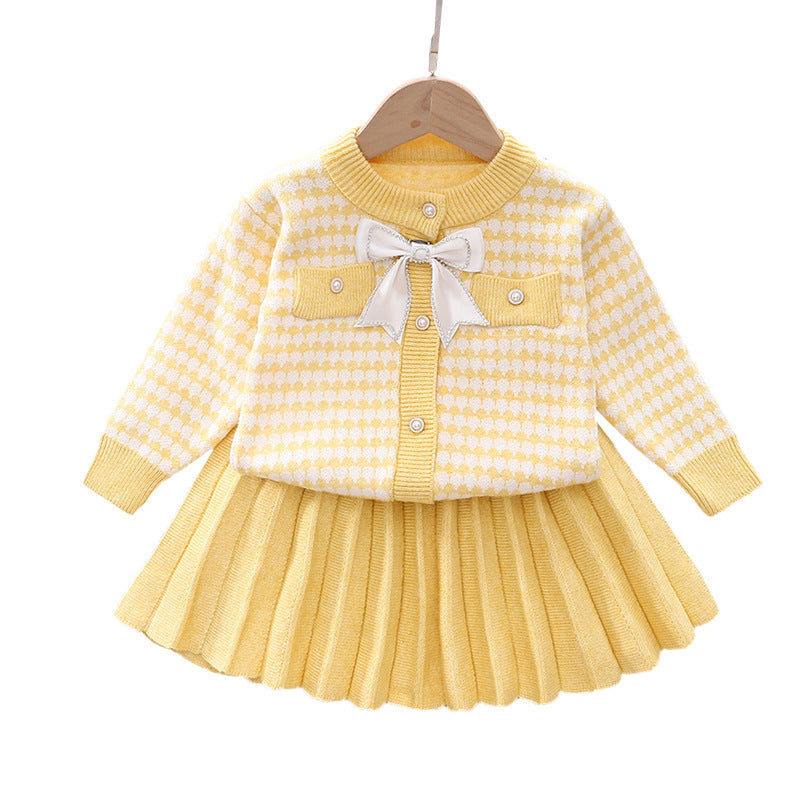 Korean Style Sweater Cardigan Skirt Knitted Crew Children's Suit