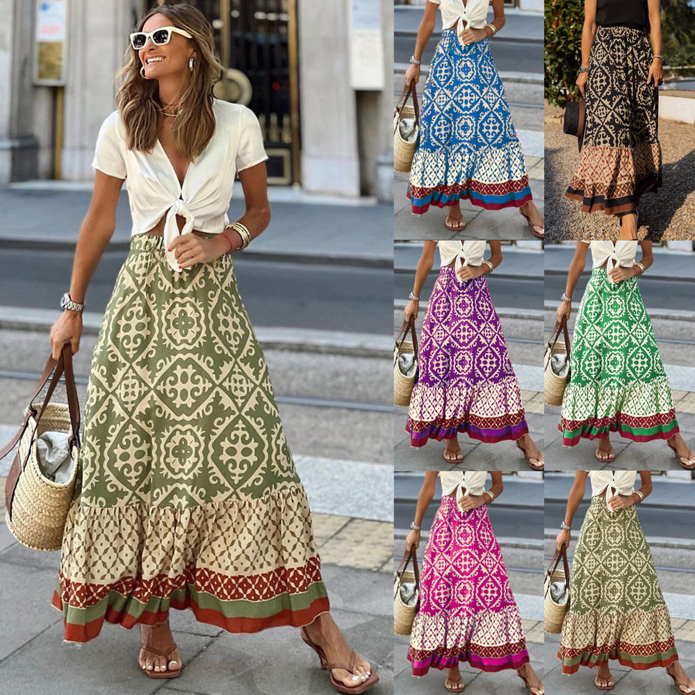 Women's Summer Printed Loose Stitching Large Swing Skirt