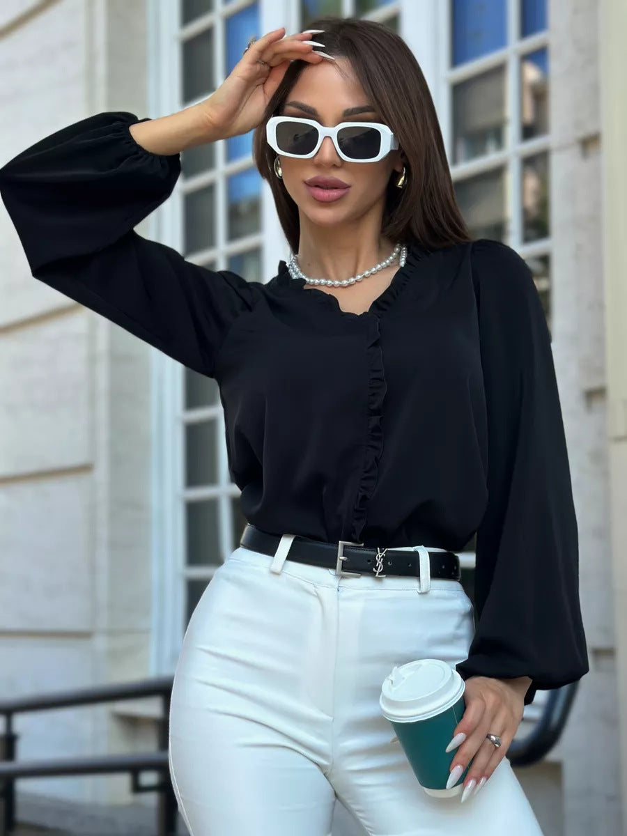 Comfortable Women's Long Sleeve Ruffle Shirt Blouse