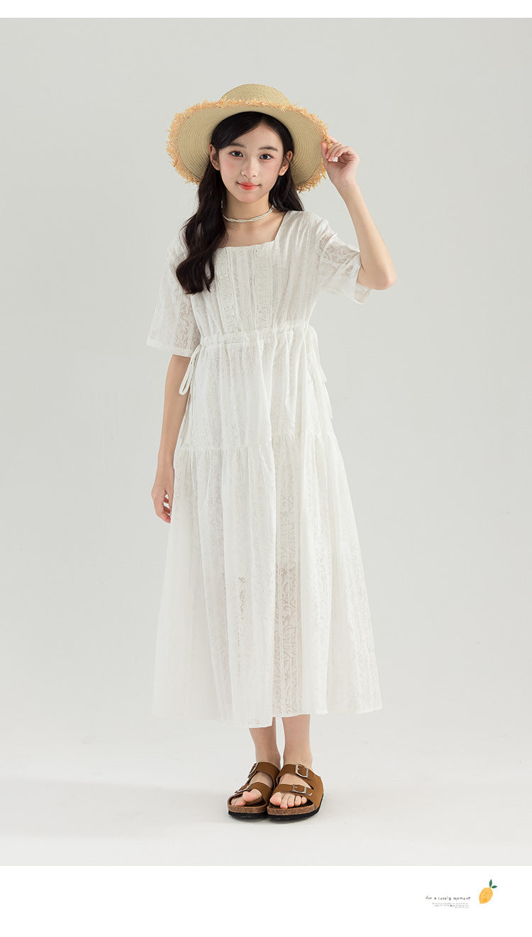 Large Summer French Square Collar Loose Artistic Mori Style Mid-length Children's Dress
