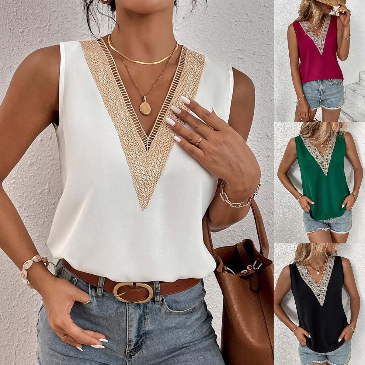 Women's Sleeveless Lace Stitching Simple Summer Blouses