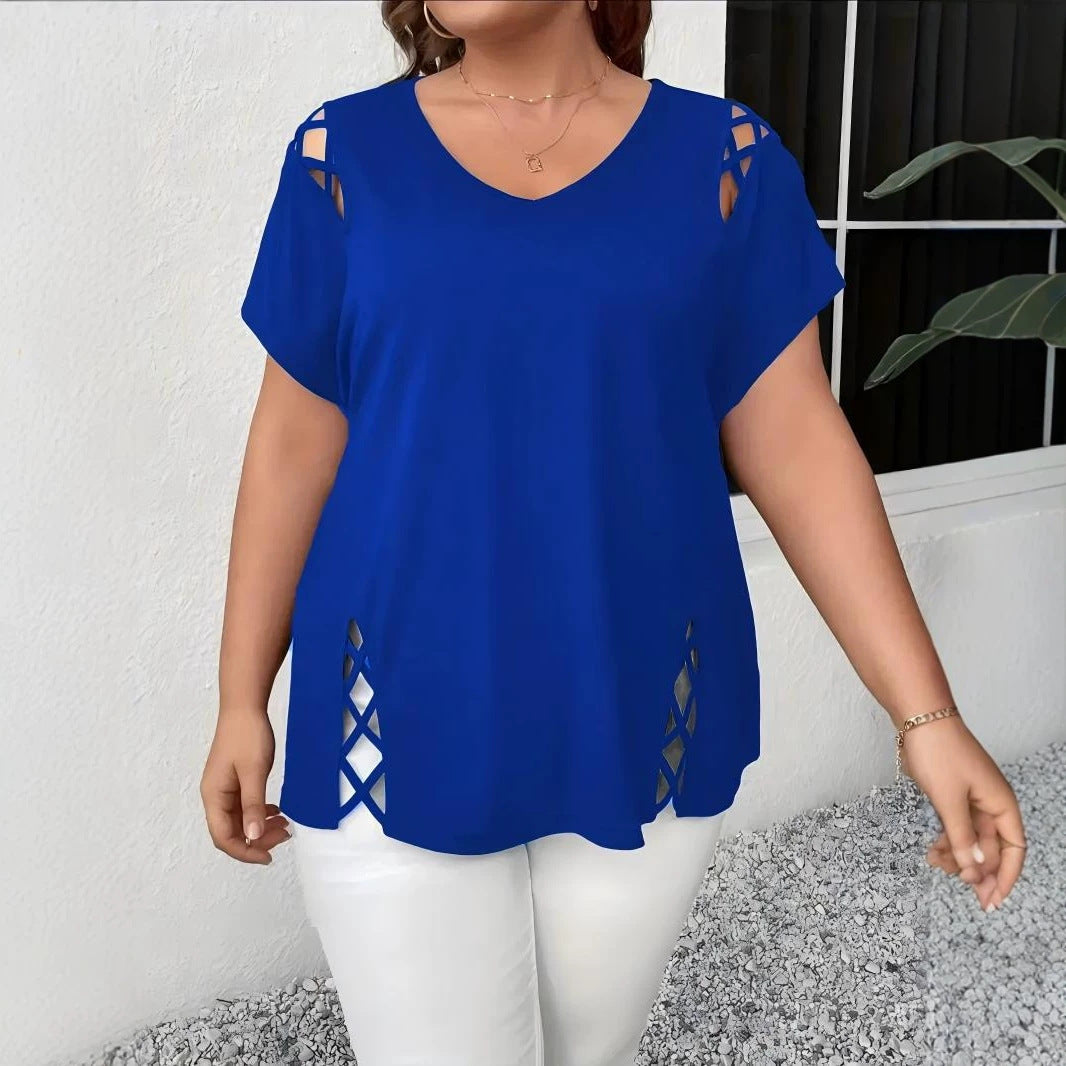 Women's Summer Casual Short-sleeved Shoulder Side Cross Large Size T-shirt