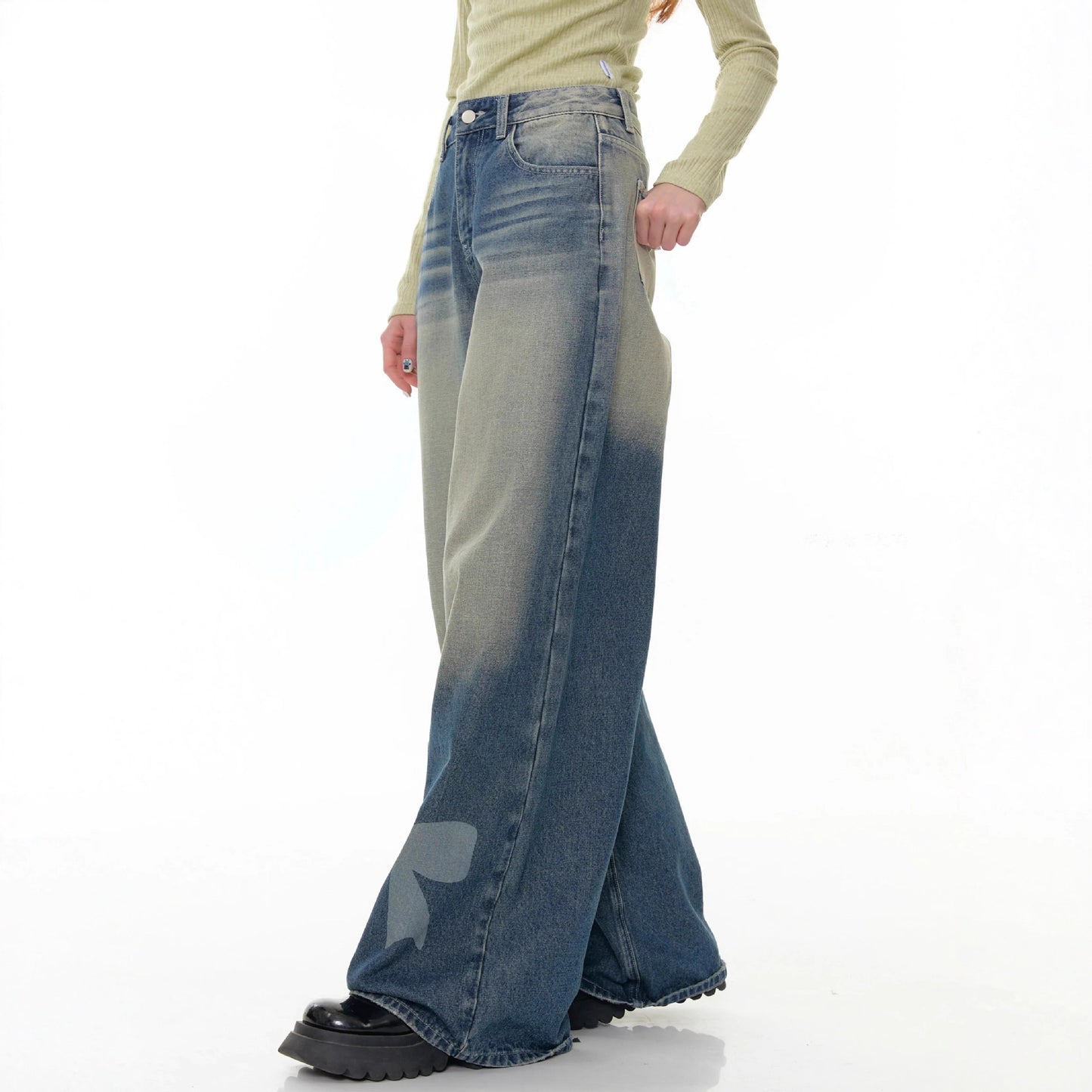 Women's Wide Leg Bow Print Washed Denim Trousers Women's Jeans