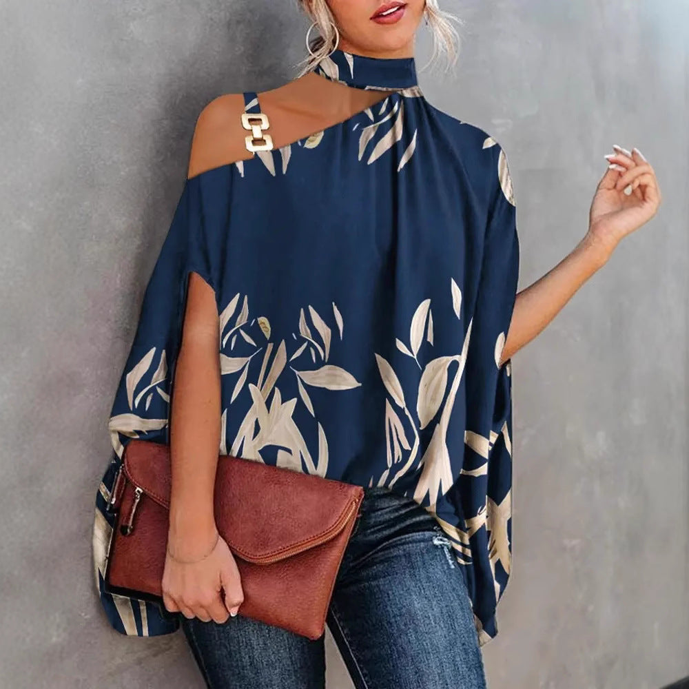 Women's Short-sleeved Summer Bat Print Halter Lace Shirt, Chiffon Shirt