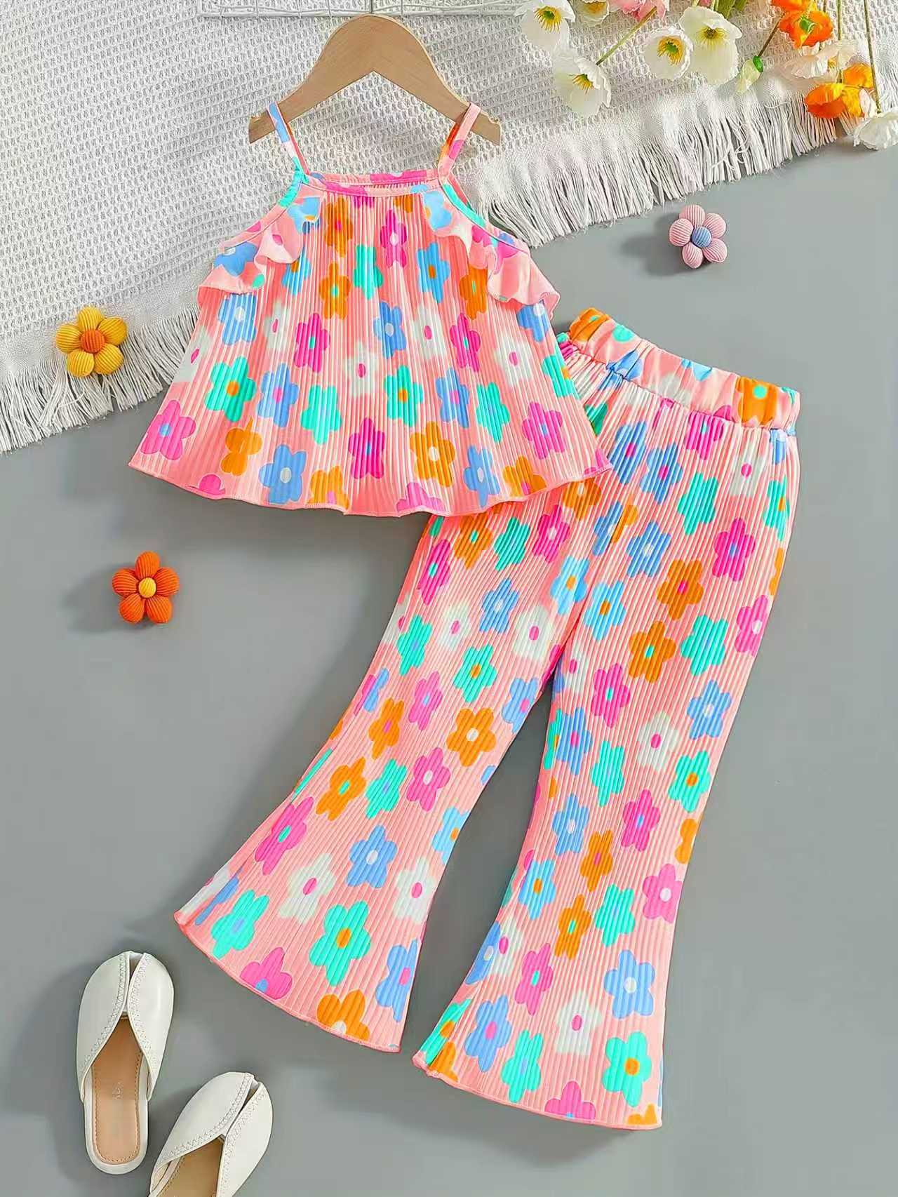 Children's Clothing Summer Sling Pleated Design Pants Sweet Cute Children's Suit