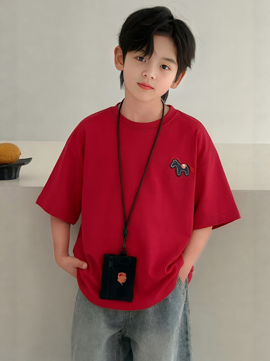 Children's Short-sleeved Korean Style Loose Cotton Fashionable Medium Big White Children's T-shirt