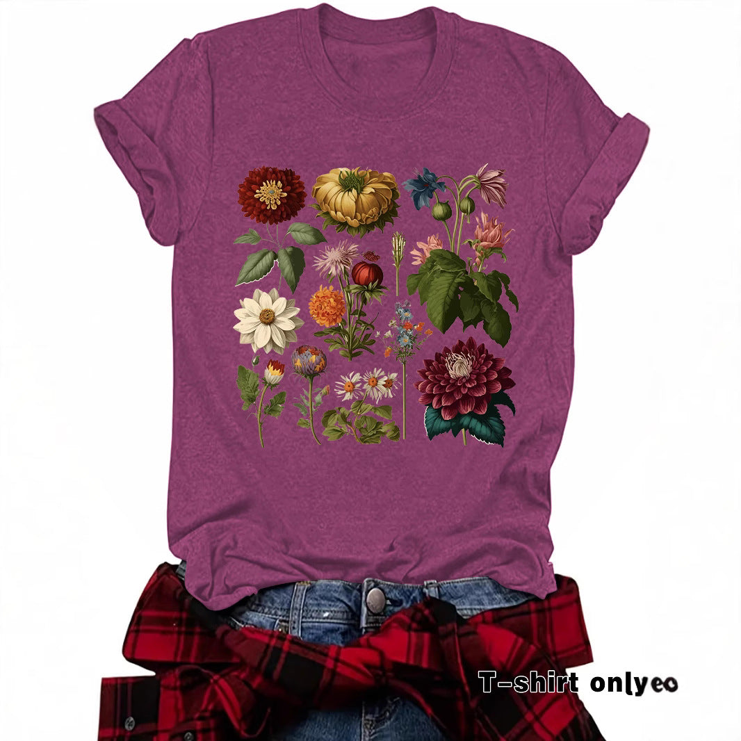Graceful Floral Print Sleeve Loose Fashion Women's T-shirt