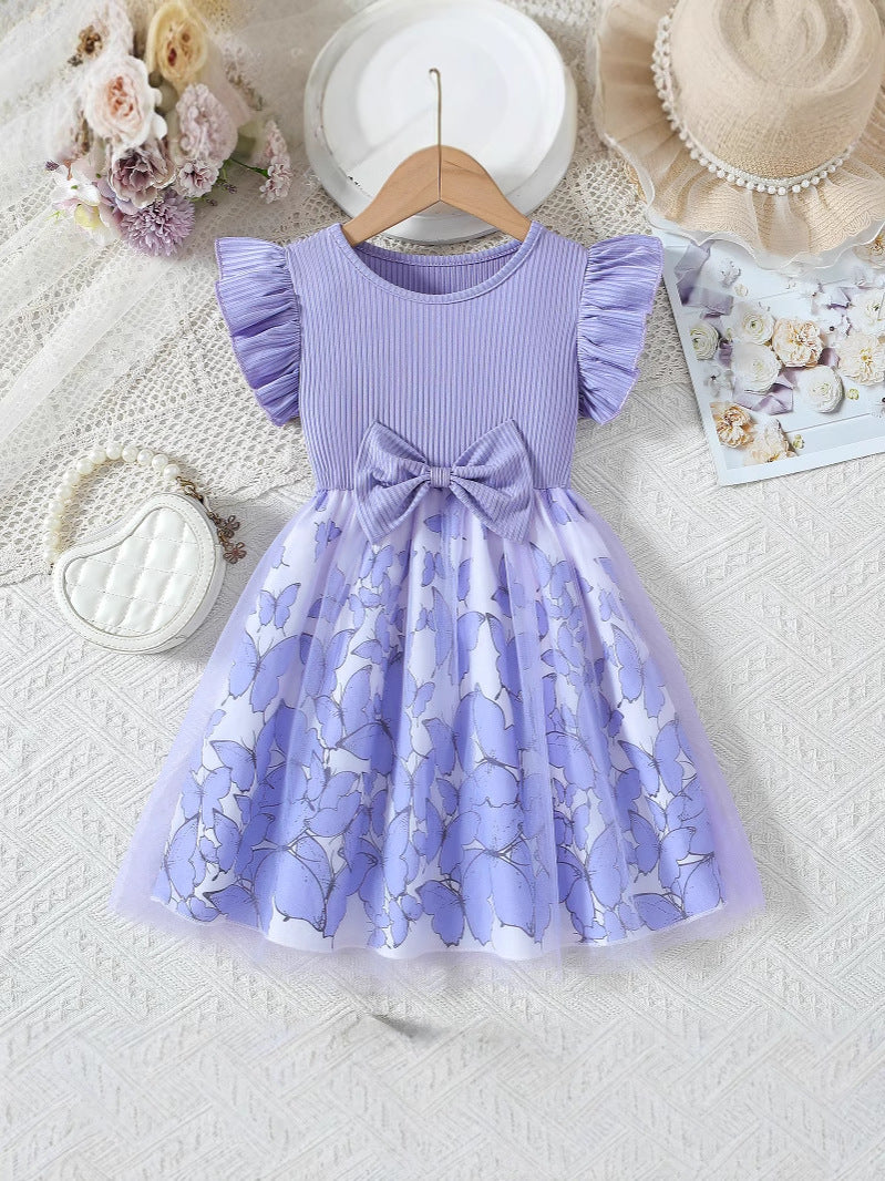 Flounced Sleeve Fake Two-piece Bow Print Stitching Children's Dress