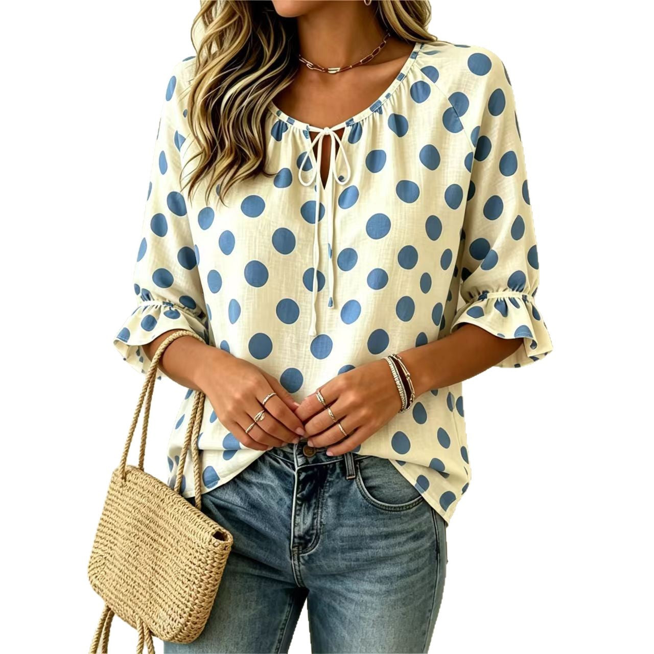 Women's Summer Printed Polka Dot Round Neck Tied Tops