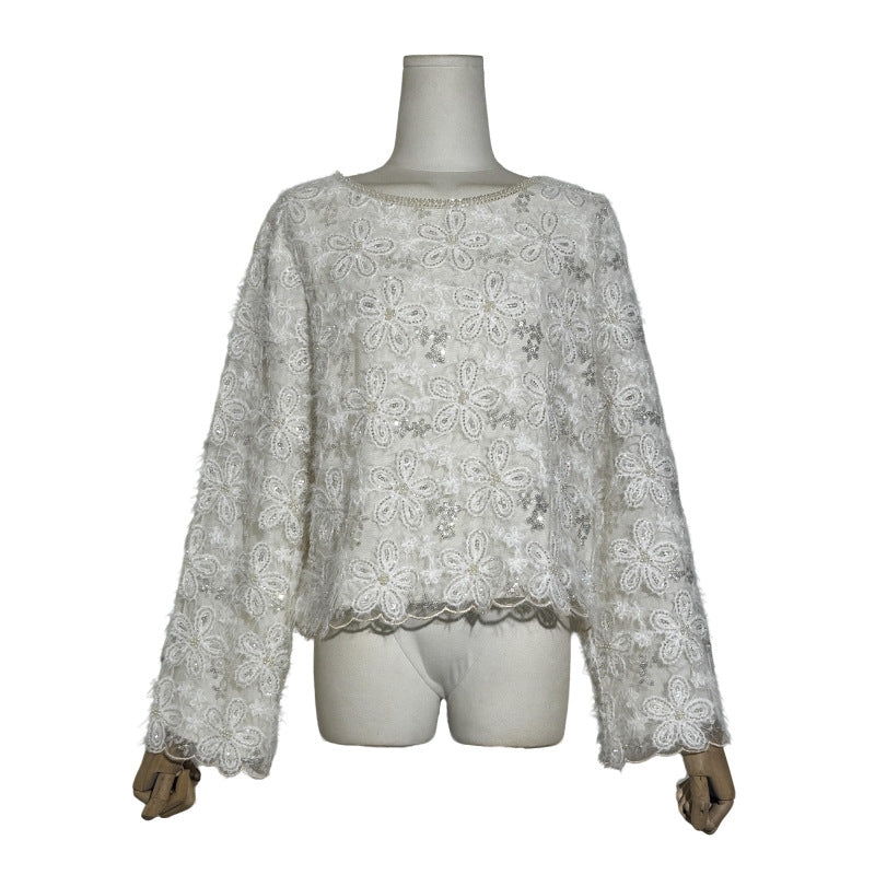 Women's Fashion Long Sleeve Flower Round Neck Stage Luxury Trendy Lace Shirt, Chiffon Shirt