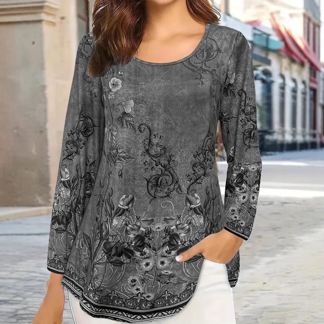 Beautiful Women's Landscape Painting Printed Long-sleeved Women's T-shirt
