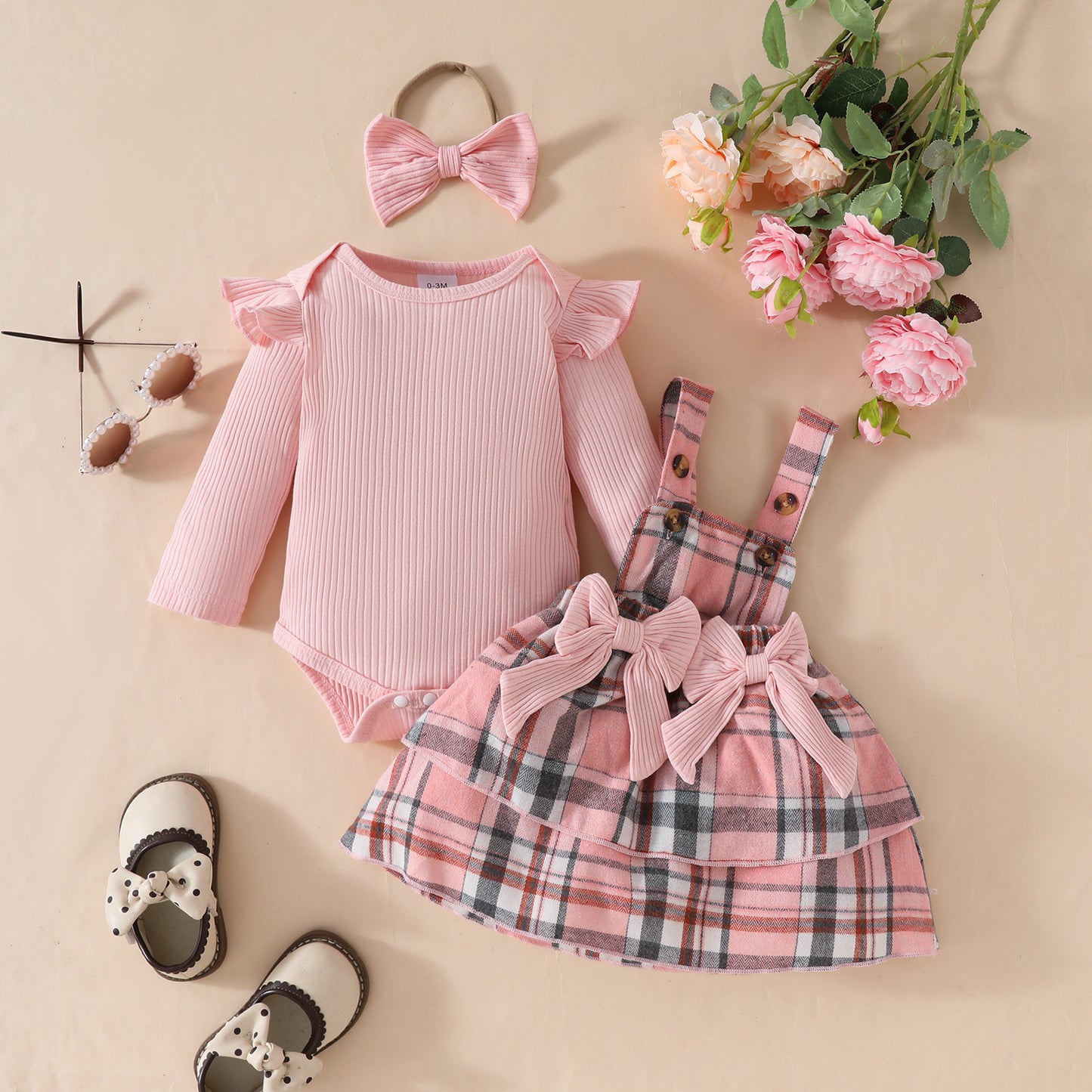 Stripe Long-sleeved Shirt Plaid Dress Hair Band Three-piece Children's Suit