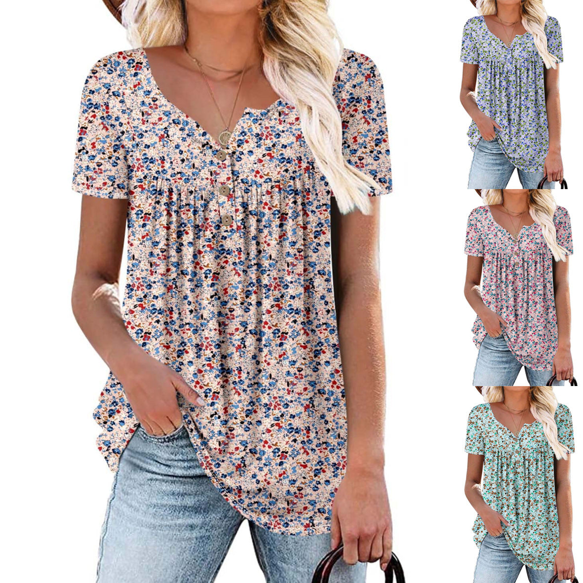 Summer Round Neck Button Small Floral Casual Women's T-shirt