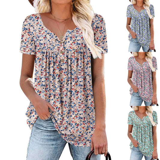 Summer Round Neck Button Small Floral Casual Women's T-shirt