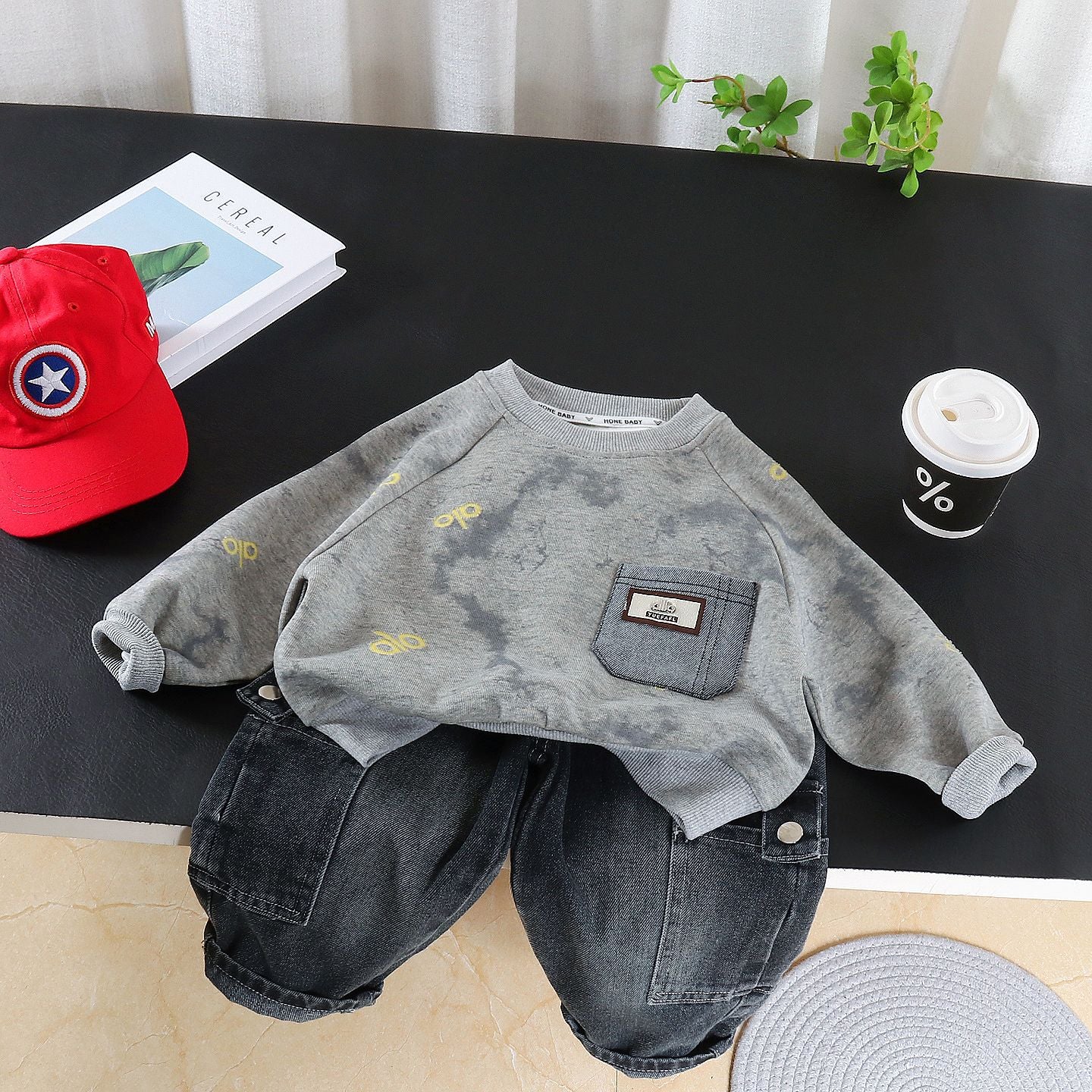 Spring Round Neck Letter Sweater Two-piece Set Handsome Clothes Casual Children's Suit