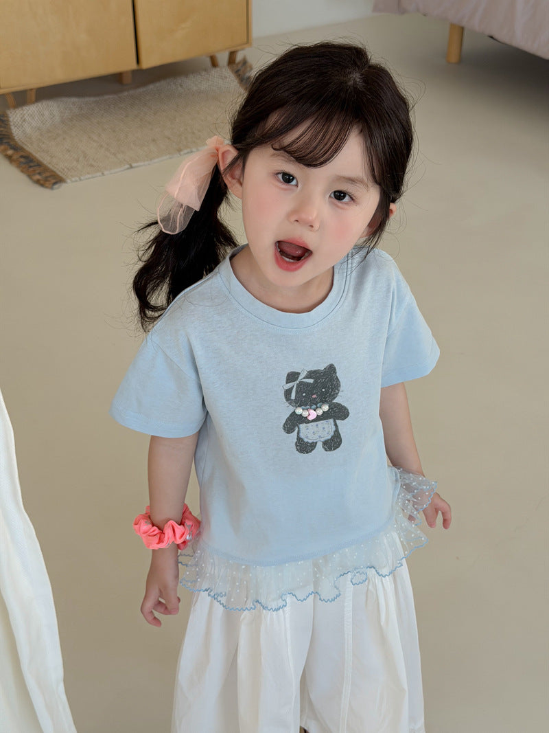 Children's Field Korean Style Stitching Flocking Mesh Summer Cartoon Animal Children's T-shirt