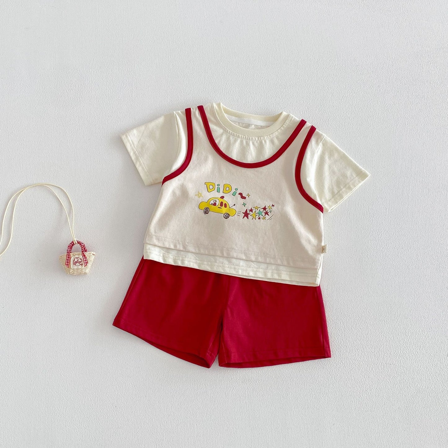 Children's Or Exchange Boy's Sportswear Summer Fake Two-piece Cartoon Printed T-shirt Children's Suit
