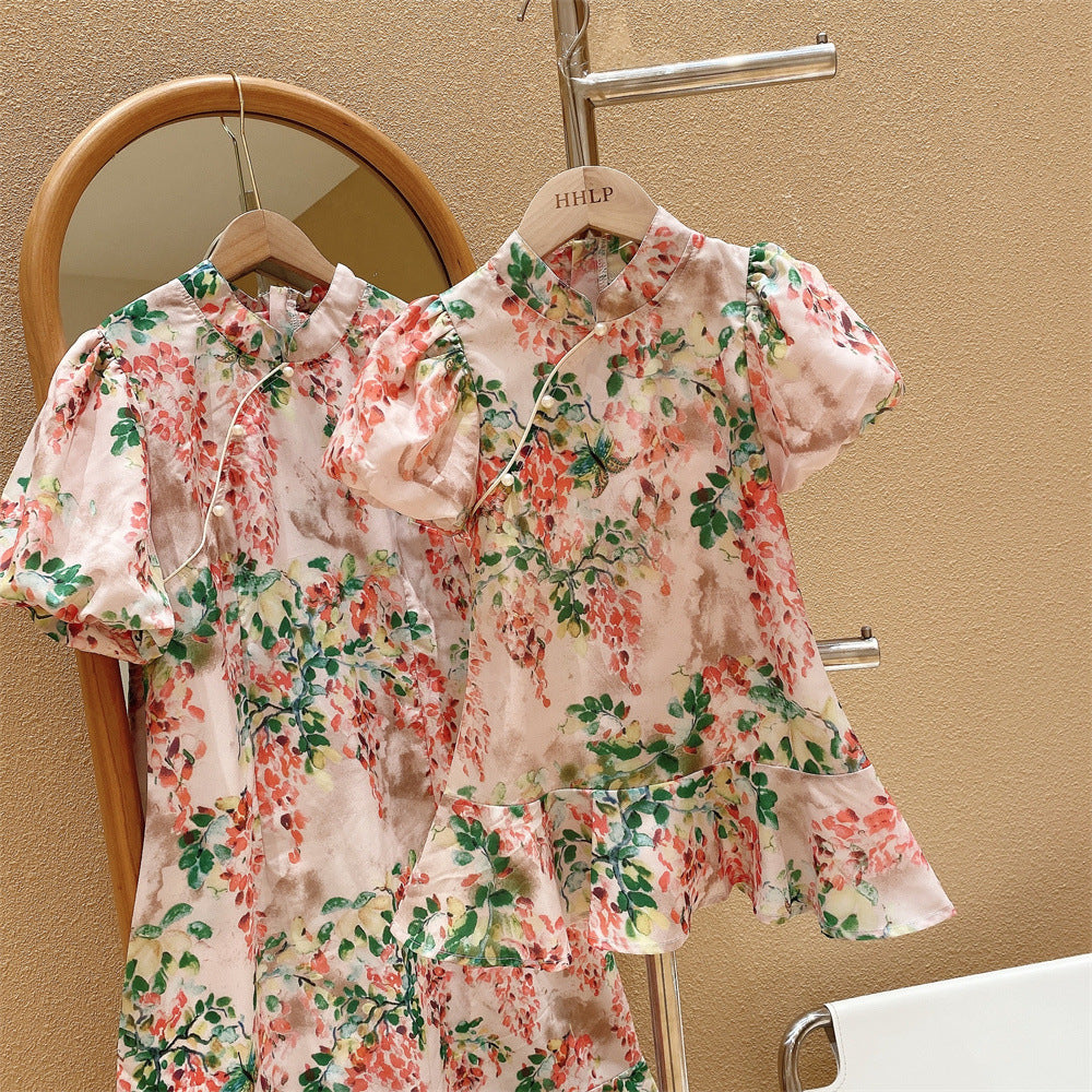 Southern Retro National Style Improved Chiffon Puff Children's Dress