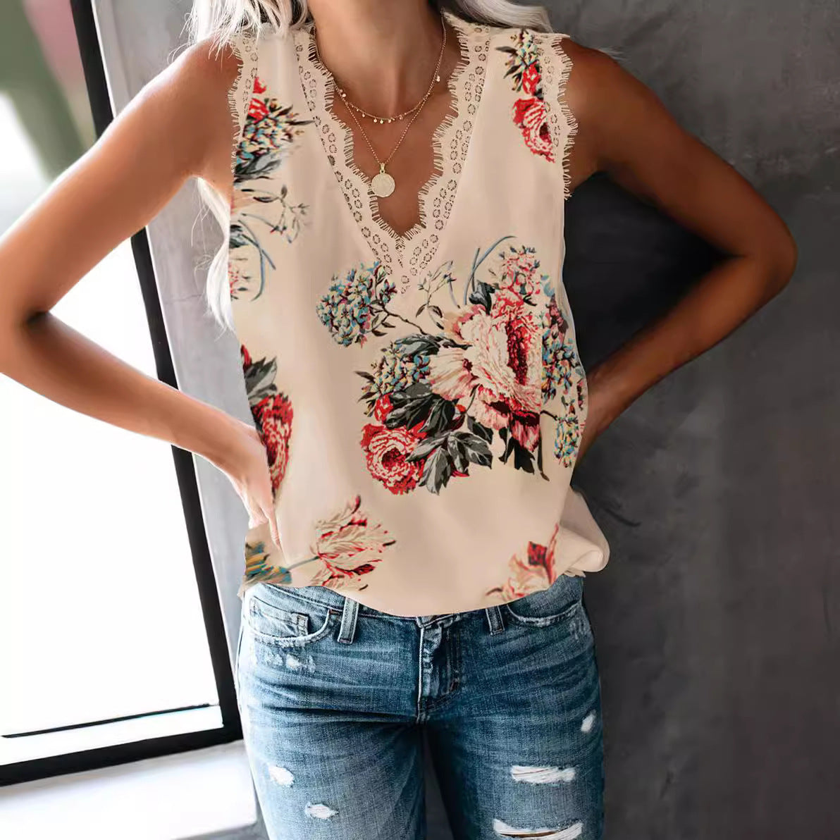 Women's Summer Solid Color Eyelash Sleeveless Printed Lace Shirt, Chiffon Shirt