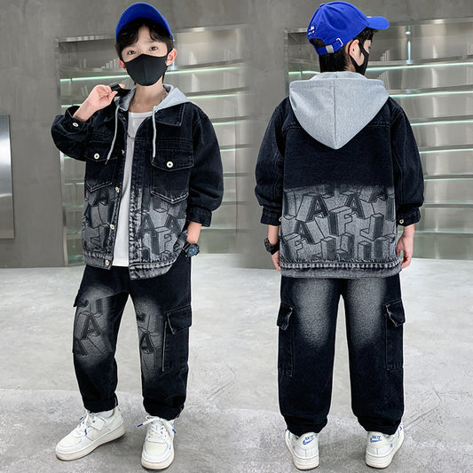 Children's Boy's Denim Medium Big Korean Style Two-piece Children's Suit