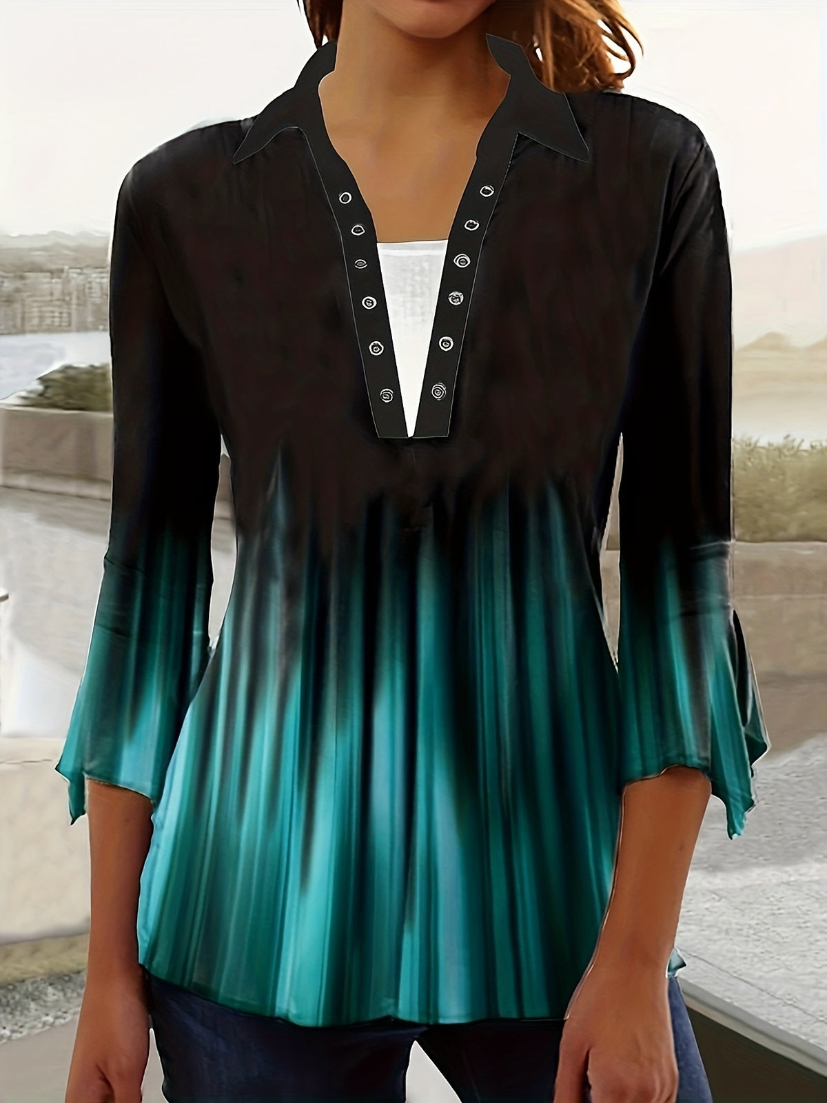 Autumn Print Polo Collar Irregular Sleeve Women's T-shirt