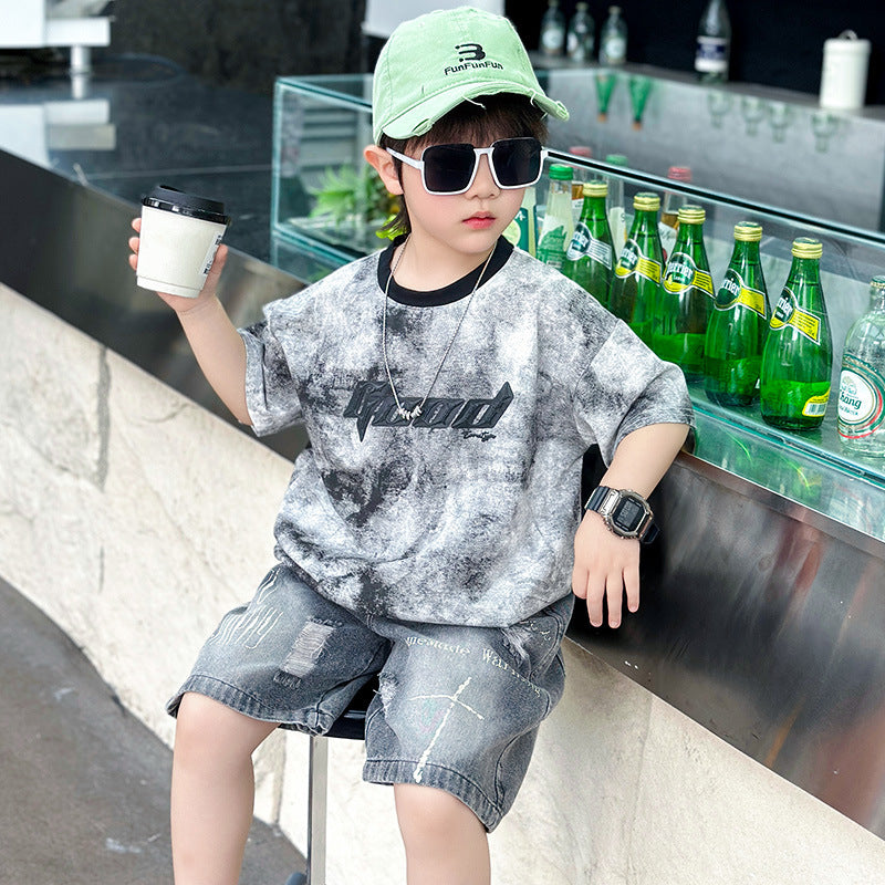 Children's Boy Summer Clothing Short-sleeved Thin Letter T-shirt Two-piece Children's Suit