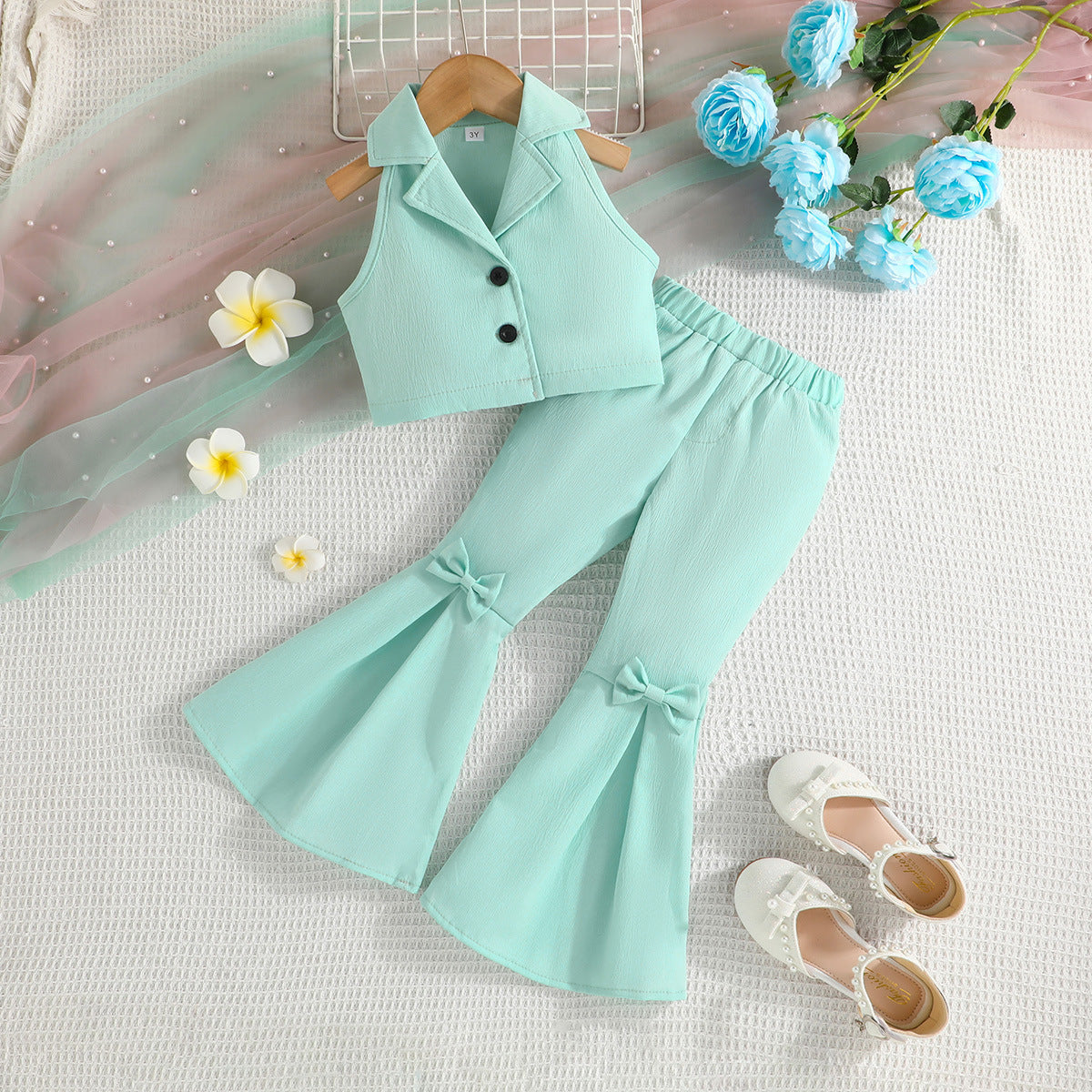 Sleeveless Short Top Solid Color Bow Flared Pants Two-piece Children's Suit