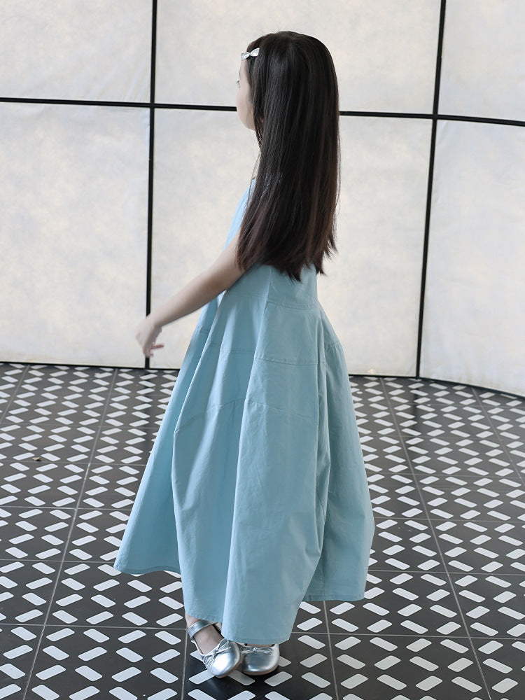 Children's Cotton High-grade Summer French Vest Skirt Blue Temperament Long Children's Dress